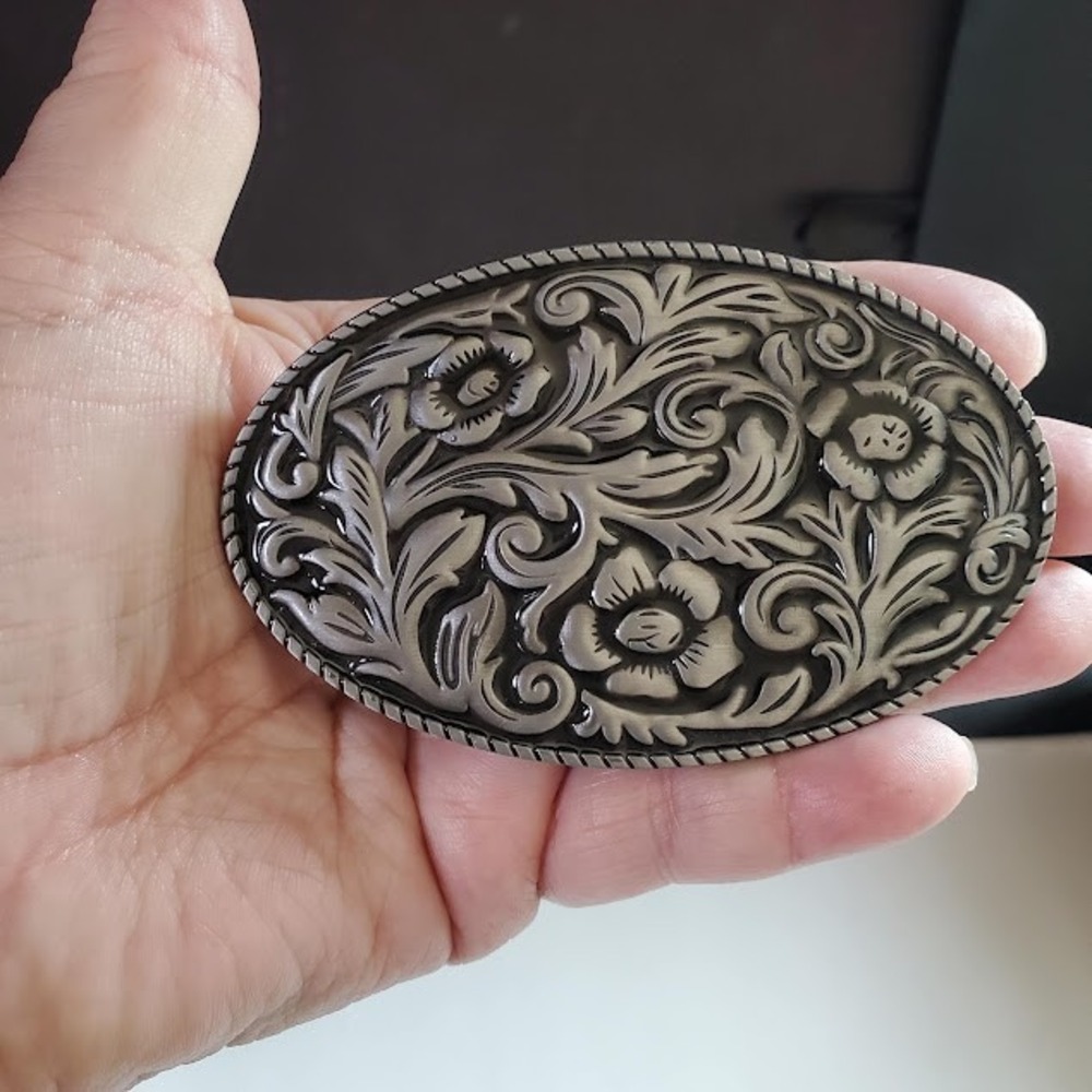Jeans Friend Western Floral Engraved Oval Belt Buckle Silver Tone Metal